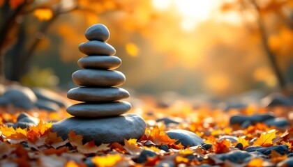 Obraz premium zen, stones, tall, stack, rough, uneven, surfaces, autumn, leaves, colorful, golden, orange, hues, sunlight, soft, filtering, bare, tree, branches, hyperrealistic, detail, serene, tranquil, harmony, 