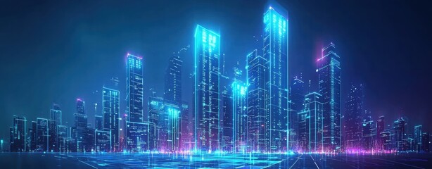 Fototapeta premium Futuristic Cityscape with Neon Lights and Digital Effects at Night