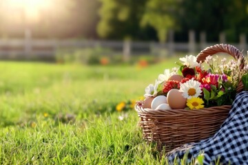 A wicker basket overflowing with colorful flowers and eggs is placed on a lush green meadow bathed in warm sunlight, evoking a tranquil atmosphere