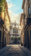 Fototapeta premium Church at the end of a narrow street
