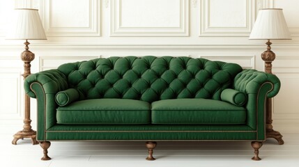 Elegant tufted green sofa in classic interior with lamps