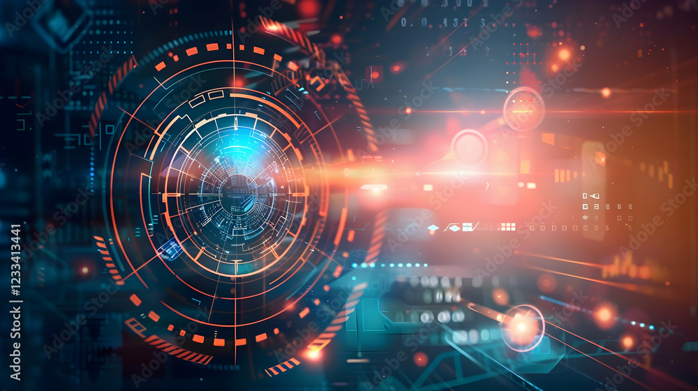 Poster abstract digital interface with glowing elements and futuristic design.