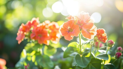 Sunlight illuminating vibrant orange flowers in a garden.