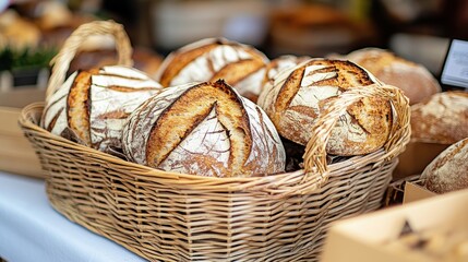 Freshly Baked Artisan Bread Loaves in a Rustic Basket Display