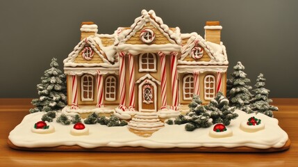 Obraz premium whimsical winter cottage, white royal icing details, peppermint striped columns, golden brown cookie walls, red candy decorations, round cookie medallions, edible evergreen trees, snow covered base,