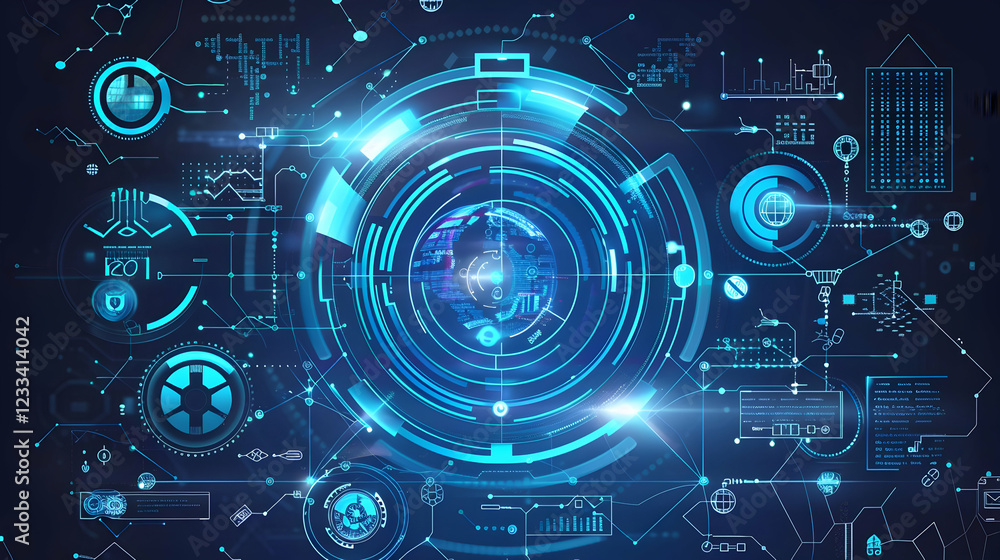 Poster futuristic digital interface with global elements and technological data visualization.