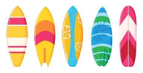 Summer surfboard elements clipart set. Colorful surfing board clip art collection with printed pattern for holiday season vector illustration.
