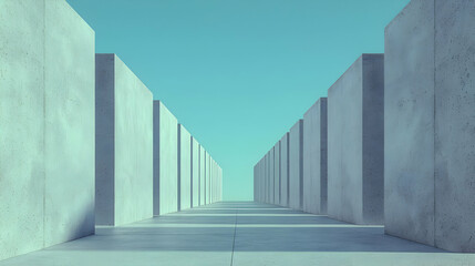 Fototapeta premium Concrete maze path, clear sky, minimalist design, architectural concept