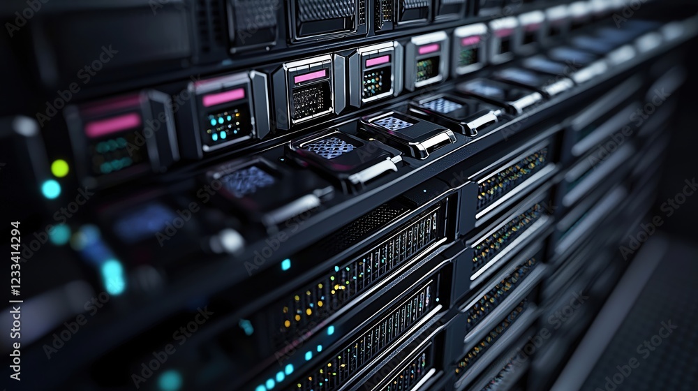 Poster futuristic server rack technology data center network innovation