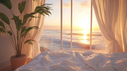 beachside sleeping quarters, unmade white cotton sheets, billowing cream drapes, sunrise ocean horizon, potted palm plant, warm morning glow, seaside interior design, sparkling water reflections,