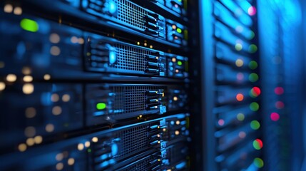 Powerful Data Center Servers Illuminated in Blue Night