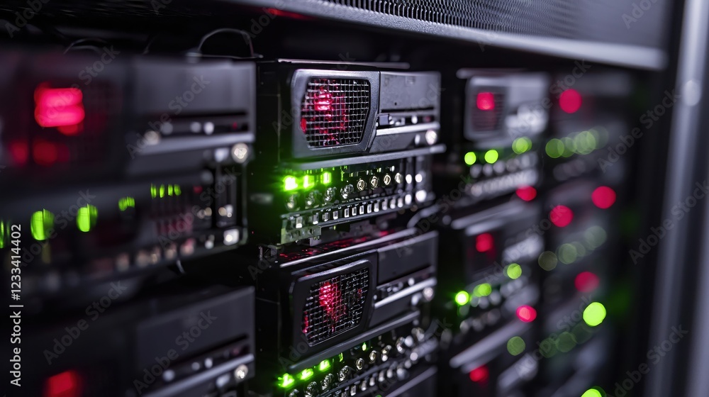 Poster data center server rack technology close up modern network infrastructure