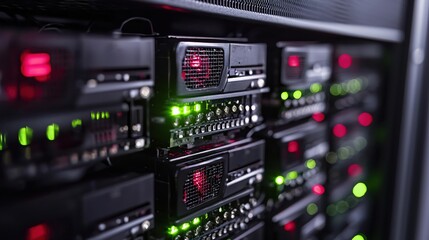 Obraz premium Data Center Server Rack Technology Close Up Modern Network Infrastructure