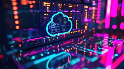 Obraz premium Neon Cloud Computing Server Network Digital Technology