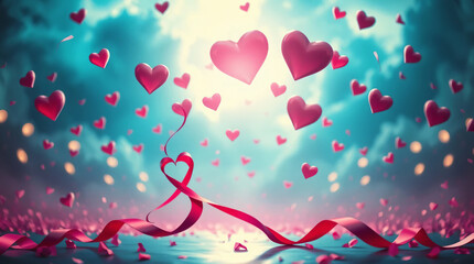 Obraz premium Epic Valentine's Romance - Grand Floating Pink Hearts, Ribbons, Dreamy Backdrop, Heroic Scale, Dramatic Lighting, High Contrast, and Intense Lens Glow