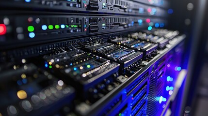 Obraz premium Powerful Server Rack Data Center Technology Close Up Modern Network