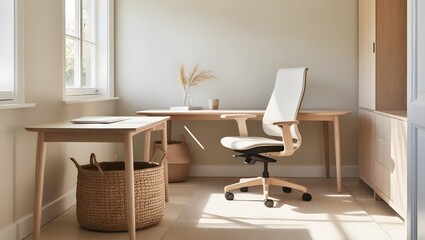 Modern Office with Natural Wood Desk and Comfortable Ergonomic Chair