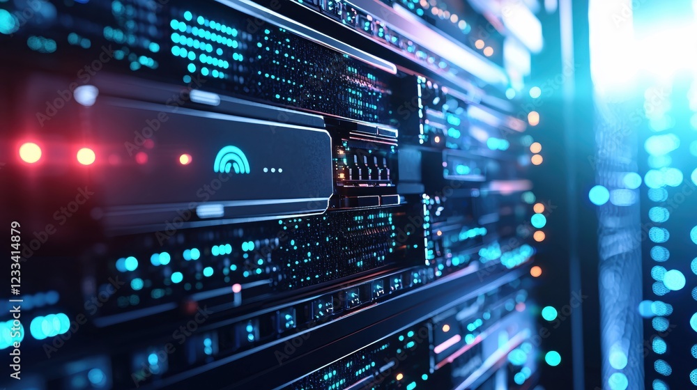 Poster futuristic server rack data center technology network lights