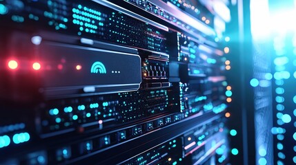 Fototapeta premium Futuristic Server Rack Data Center Technology Network Lights