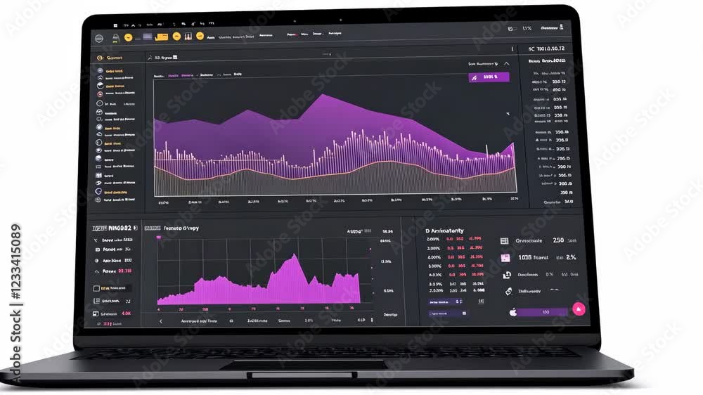 Aufkleber analytics dashboard displays data trends and statistics on a laptop in a workspace with modern desig