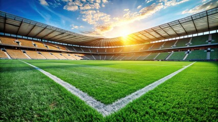 Lush green grass and white lines of a football field under sunny day light, Stadium, Sports Equipment