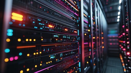 Obraz premium Vibrant Server Room Technology Network Data Center Infrastructure