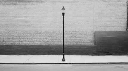 Black street lamp standing alone on a sidewalk against a textured brick wall in urban setting