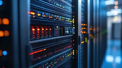 Naklejka premium Illuminated Server Racks in Modern Data Center Night