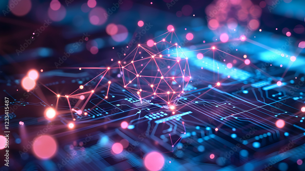 Poster abstract digital landscape featuring interconnected nodes and circuits.