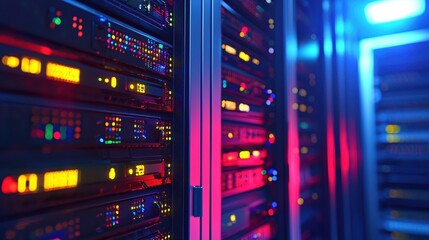 Naklejka premium Vibrant Network Server Room Technology Data Center Glow