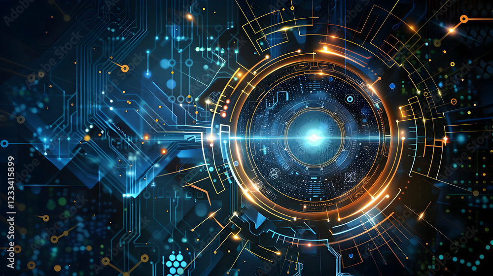 Poster abstract digital design featuring a central glowing circle and intricate circuit patterns.