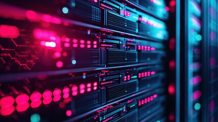Naklejka premium Neon Glow Server Rack Technology Data Center Digital Infrastructure