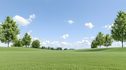 Obraz premium Sunny day, green field, trees, blue sky, idyllic landscape, nature background, website banner
