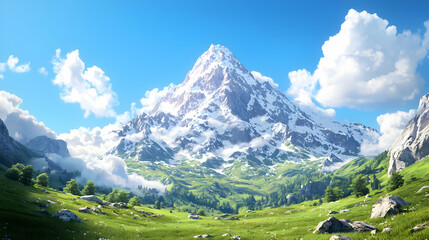 Obraz premium Majestic snow-capped mountain peak, sunny valley, travel poster