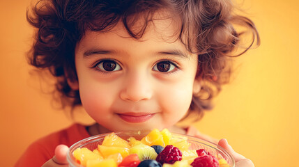 Fototapeta premium Indian Child Holding Fruit Salad Bowl, Soft Pastel Orange Background.