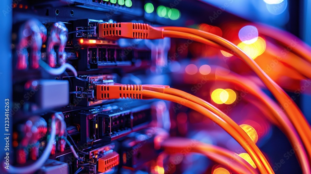 Poster vibrant network cables connected to server rack in a data center