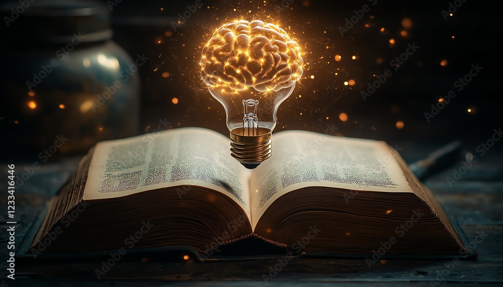Leinwandbilder an open book with a floating, glowing brainshaped light bulb above it, radiating energy, representin