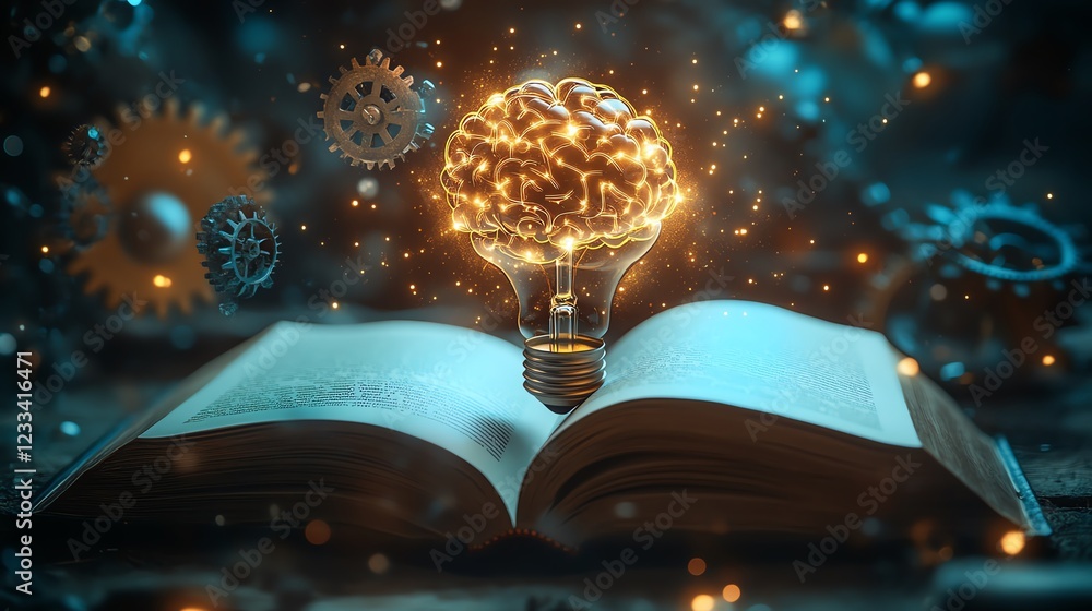 Poster An open book with a glowing brainshaped light bulb emanating bright rays of light, symbolizing innovation and intelligence, soft glowing effect