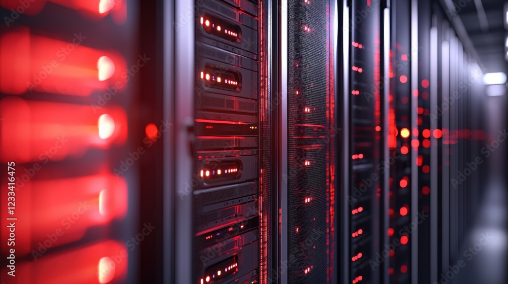 Poster red lit data center servers technology network infrastructure
