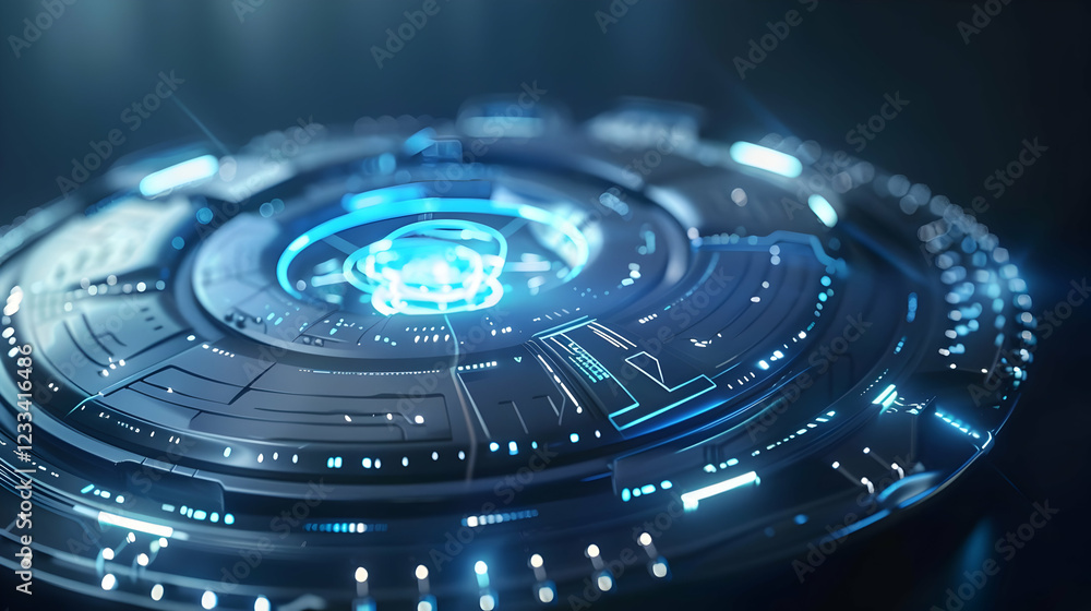 Aufkleber futuristic circular interface with glowing elements, suggesting advanced technology.