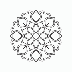 A black line mandala design with a symmetrical circular pattern on a plain white background