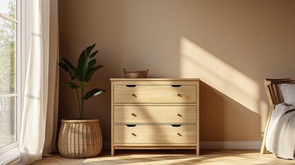 Modern Minimalist Bedroom with Wooden Dresser and Houseplant