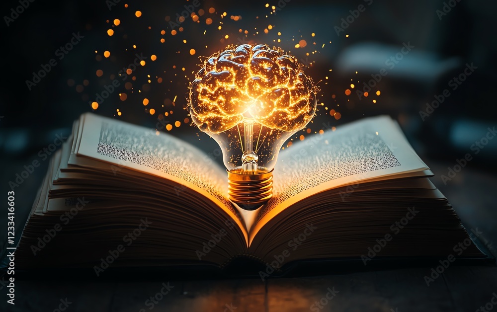 Poster an open book with a glowing brainshaped light bulb emanating bright rays of light, symbolizing innov