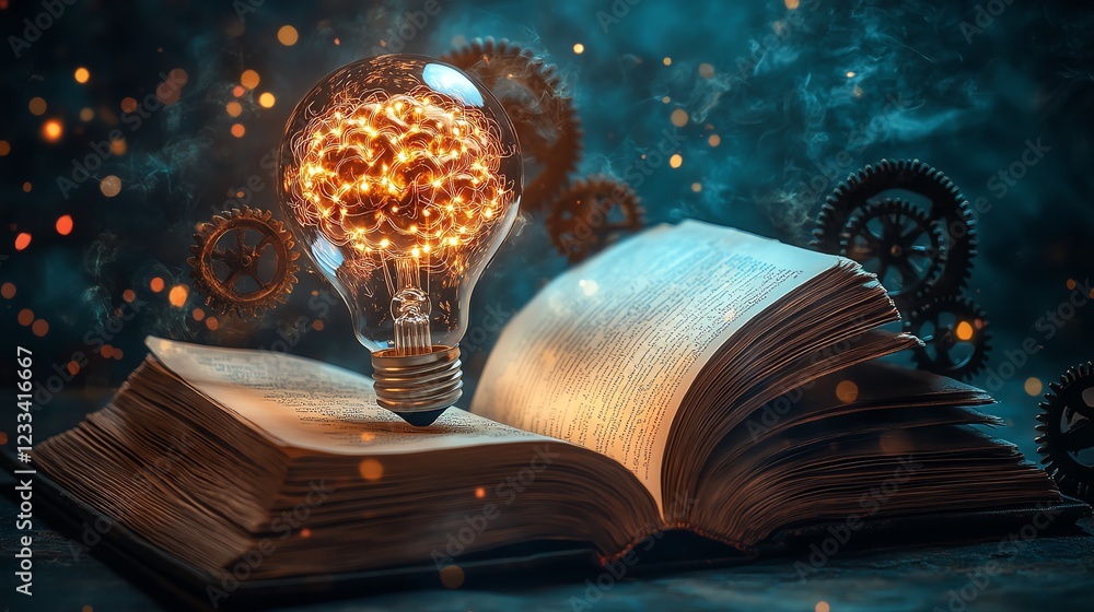 Leinwandbilder an open book with a glowing brainshaped light bulb emanating bright rays of light, symbolizing innov