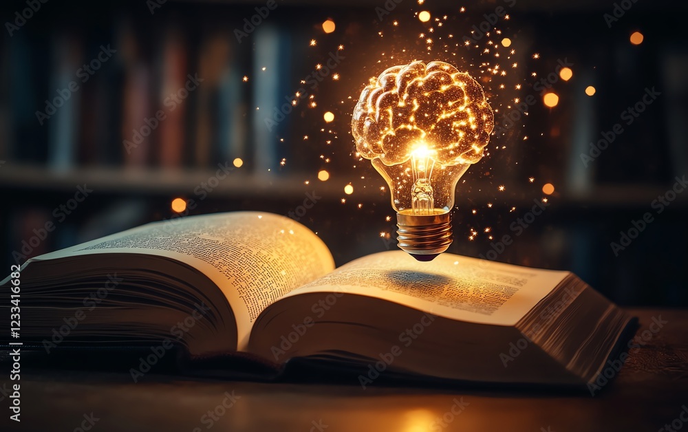 Poster an open book with a glowing brainshaped light bulb emanating bright rays of light, symbolizing innov