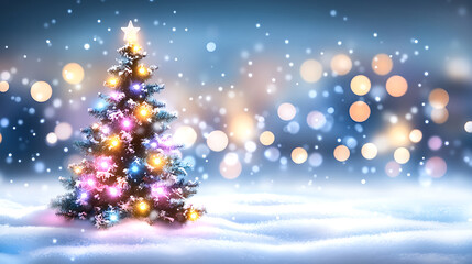 Abstract blurred background with snow and bokeh lights. Winter theme. Blue, pink, and purple colors. Snowy landscape. 