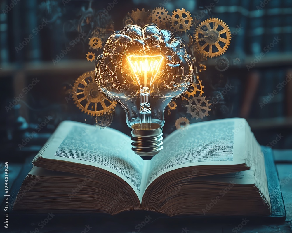 Poster a brainshaped light bulb above an open book, with gears and mechanical elements surrounding it, symb