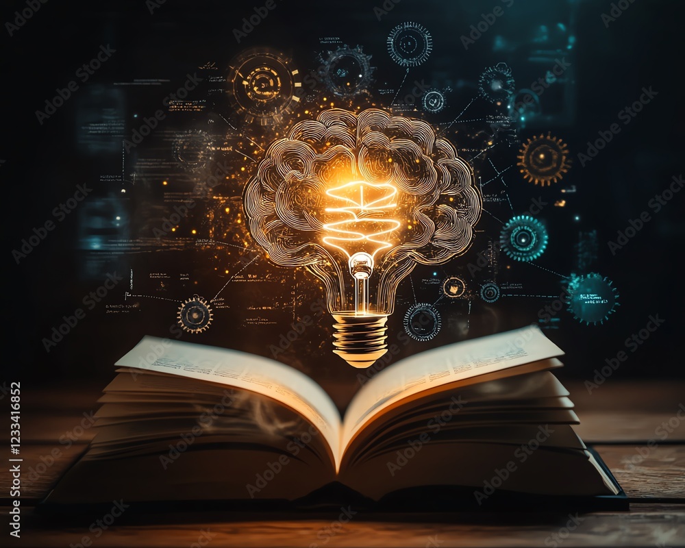 Aufkleber a brainshaped light bulb above an open book, with gears and mechanical elements surrounding it, symb
