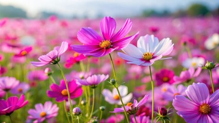 Obraz premium Large colorful cosmos flower field with vibrant purple and pink flowers swaying in the gentle breeze, nature