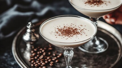 Elegant Coffee Cocktail in Martini Glasses on Silver Tray